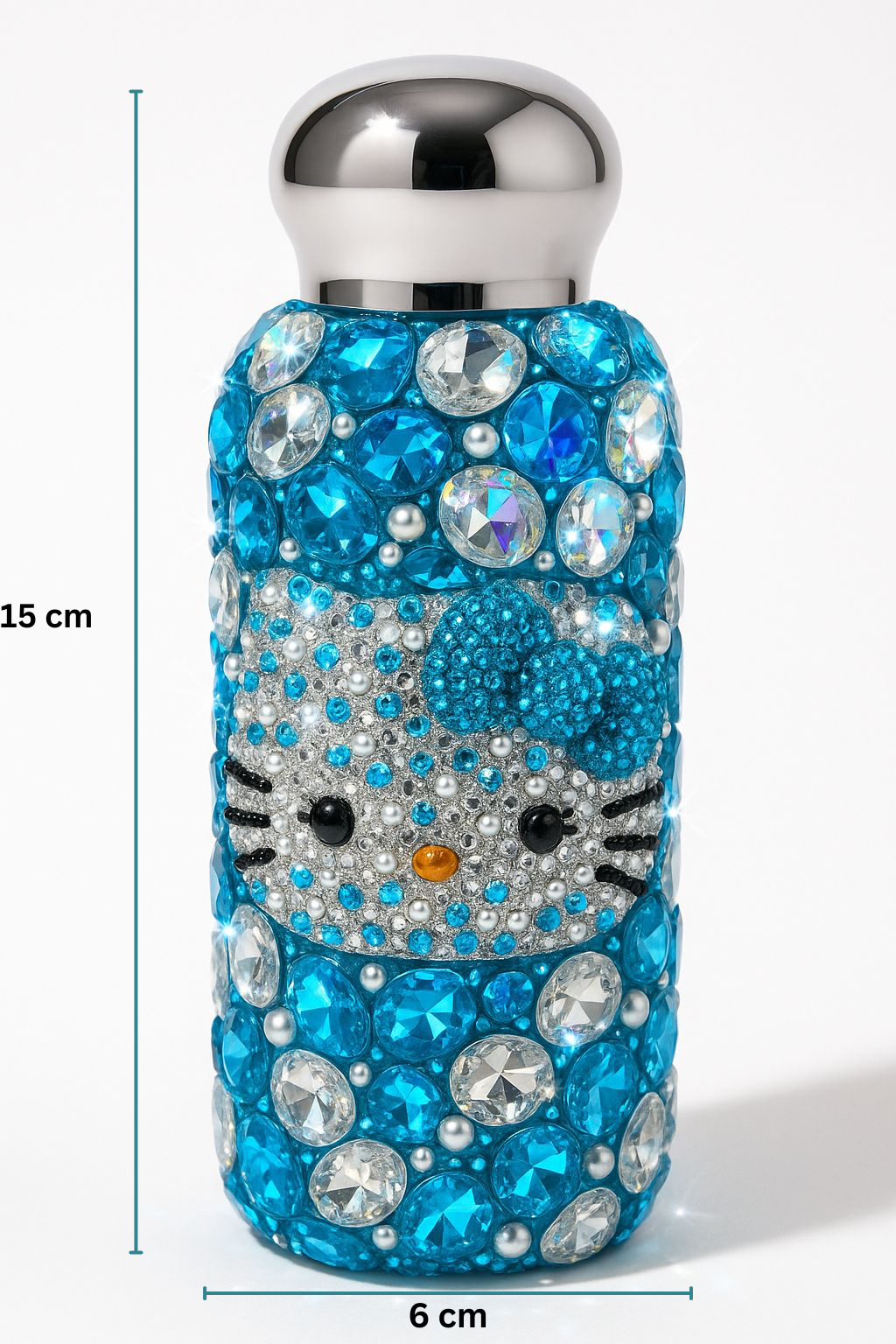 Decorative water bottle with blue gemstones shaped like a cat's face, with measurements indicated.