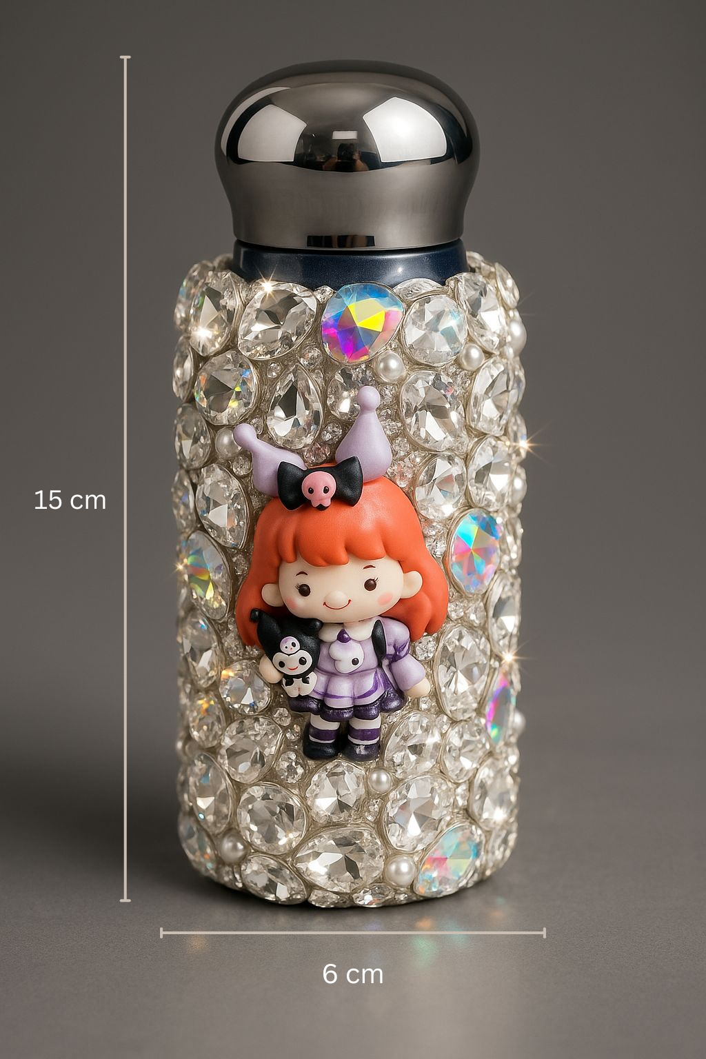 Decorative bottle with a character figure and crystal embellishments, shown with measurements on a gray background.