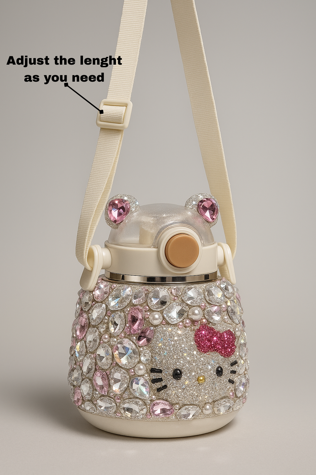 Decorative water bottle with a cat face design and embellishments on a gray background.