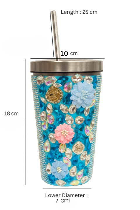 Tumbler with floral and gemstone design, including measurements on a white background