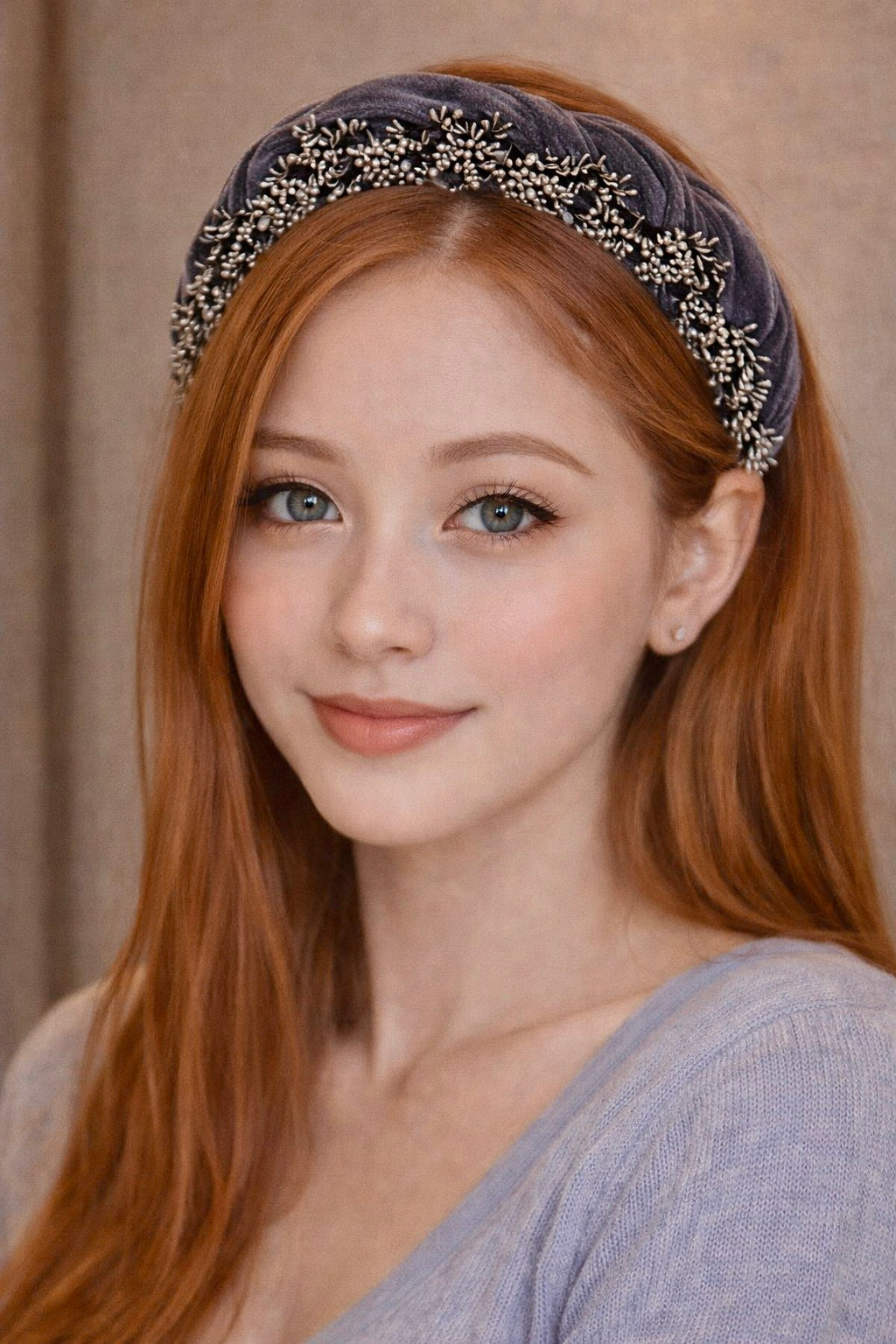 Slate Gray Velvet Braided Headband – Beaded Elegance in Timeless Style