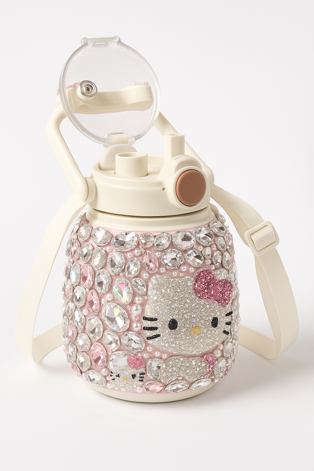Decorative water bottle with Hello Kitty design and rhinestone embellishments on a white background