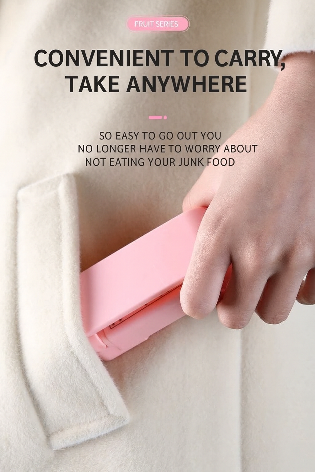 Pink portable food container held by a hand with promotional text on a light background