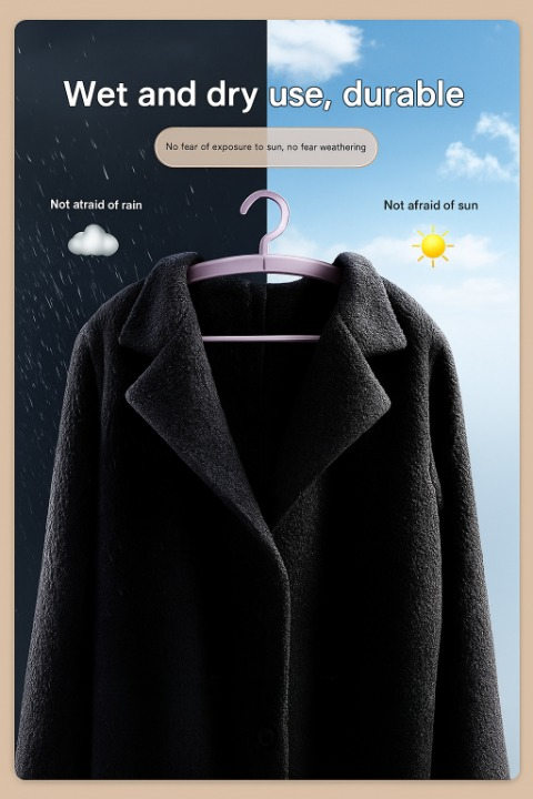 Black coat on a hanger with text about durability and weather resistance.