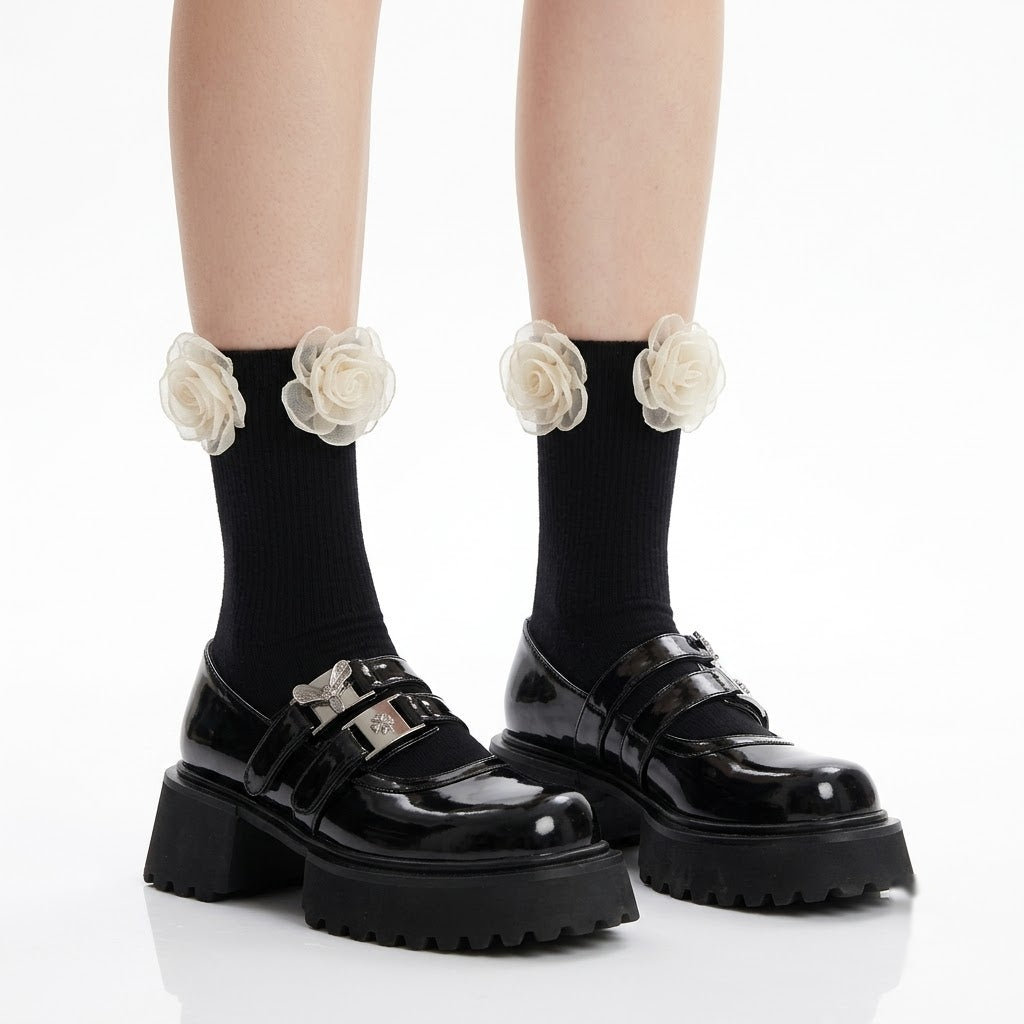 Mesh Flower Ankle Socks – Black & White Frill Socks | Cute Lolita Style Calf Socks for Women & Girls