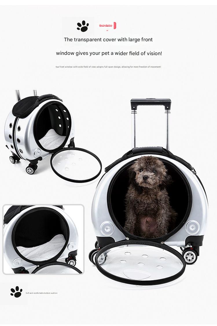 Pet travel carrier with transparent cover and wheels, featuring a dog inside.