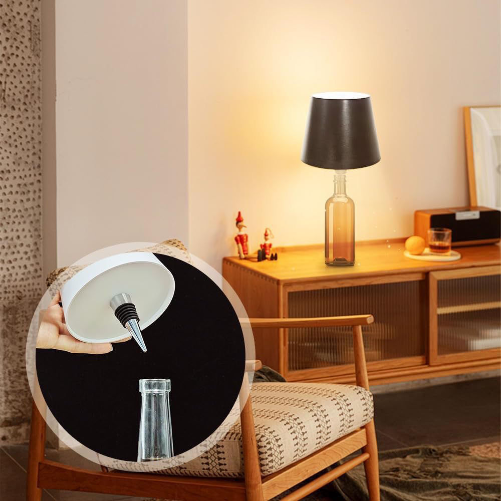 Round mirror with a black and white design on a chair in a room with a lamp and cabinet.