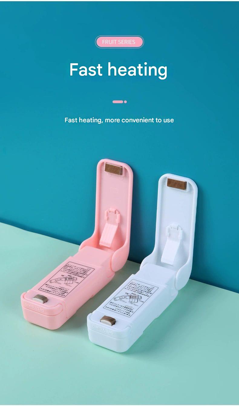 Two pink and white heating devices on a teal background with text about fast heating.