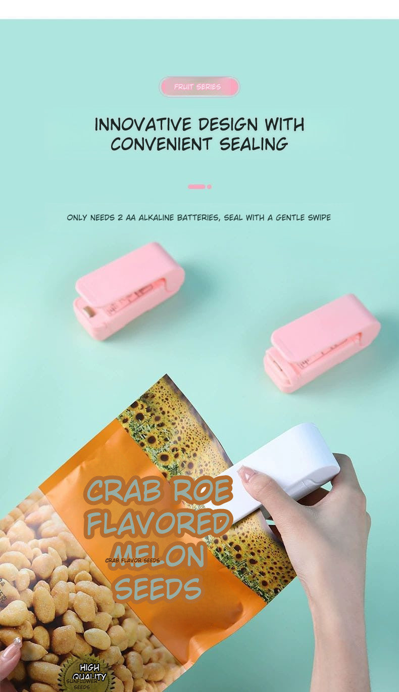 Packaging of crab roe flavored melon seeds with a sealing device on a light blue background.