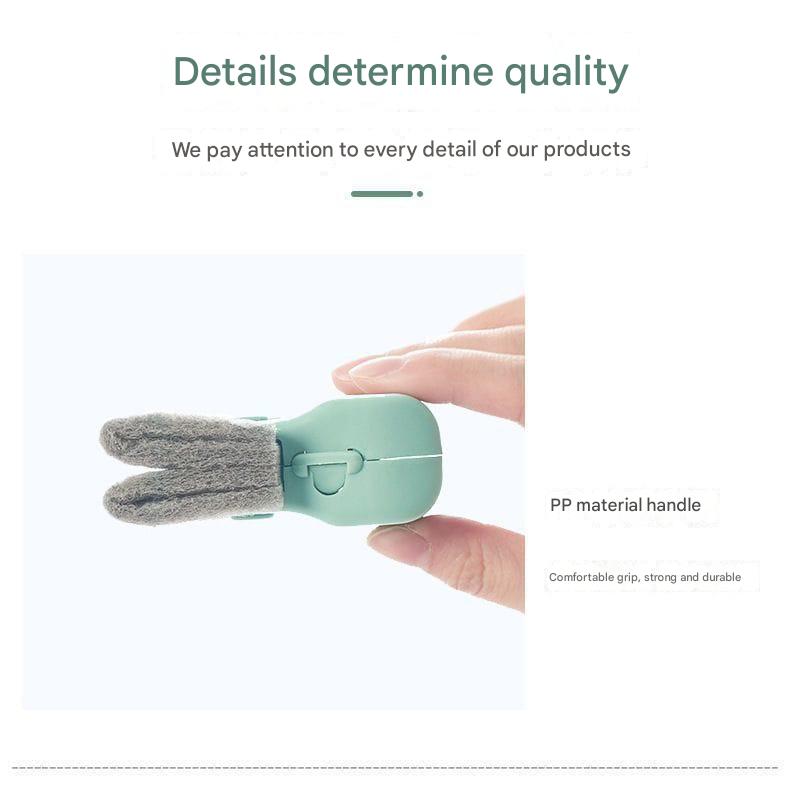 Hand holding a small green cleaning tool with text about product quality and material