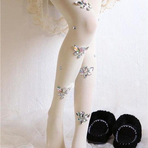 Luxury Crystal Gemstone Stockings – Black & White | Medium Thickness Fashion Tights for Women