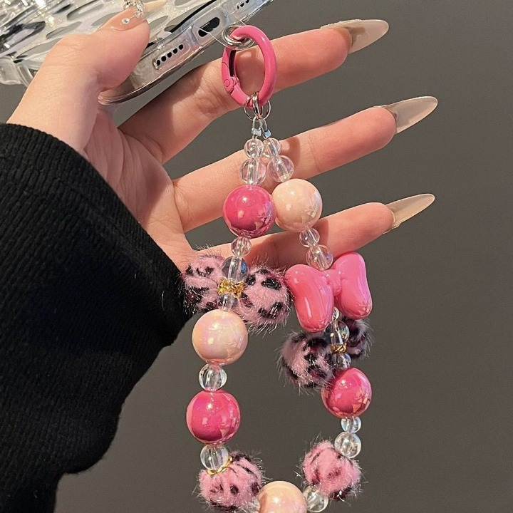 Leopard Ball Bow Keychain Phone Case with Transparent Clip – Cute, Stylish & Protective