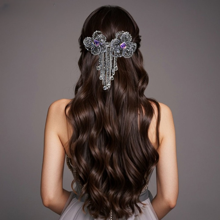 Luxury Crystal Beaded Bow Hairpin β Elegant Rhinestone Hair Clip with Tassel Chains