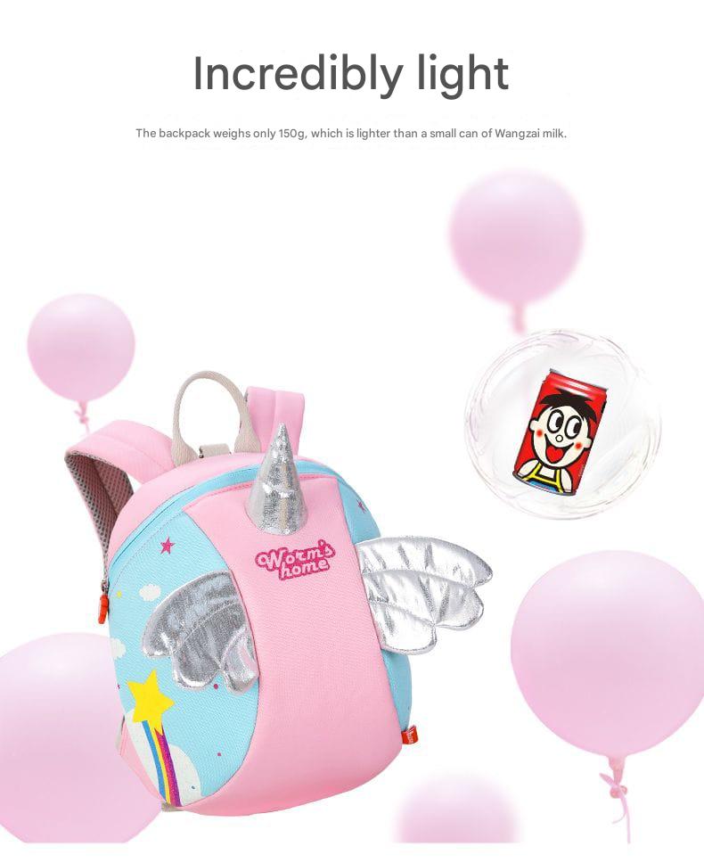 Pink backpack with cartoon design and balloons on a white background