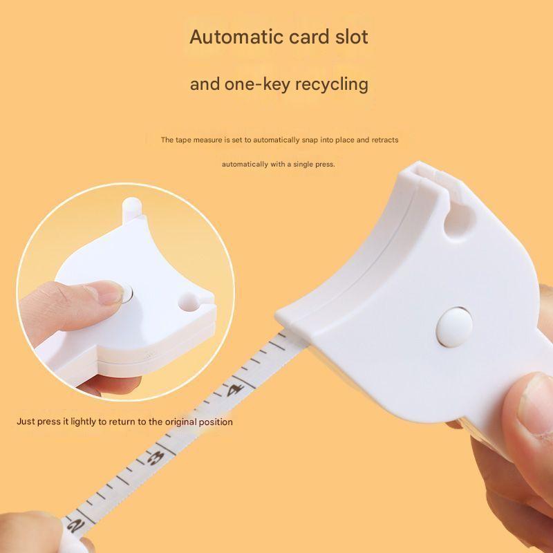 White tape measure with automatic card slot and one-key recycling feature on a yellow background