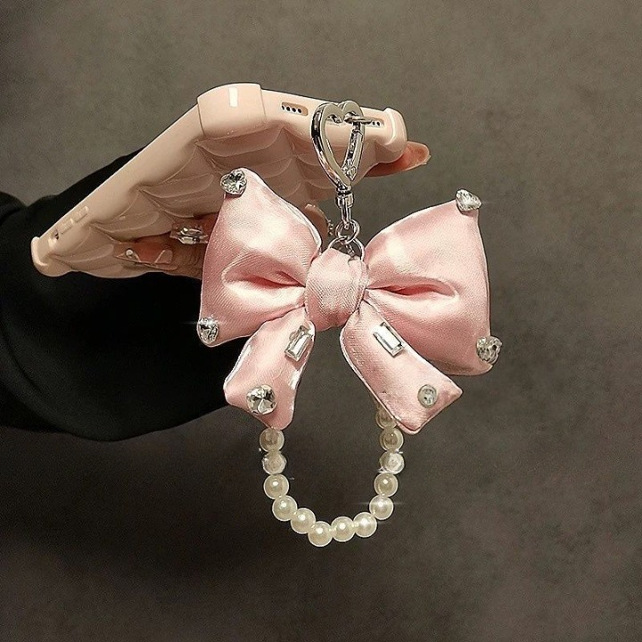 Luxury Bow Pearl Keychain with Transparent Clip – Mobile Phone Case Charm