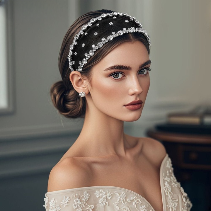 Light Luxury Black Mesh Diamond Headband – Wide Crystal Rhinestone Hair Accessory for Women (White & Black) | India Dealz