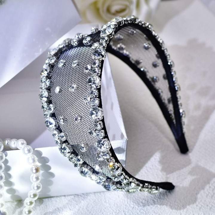 Light Luxury Black Mesh Diamond Headband – Wide Crystal Rhinestone Hair Accessory for Women (White & Black) | India Dealz