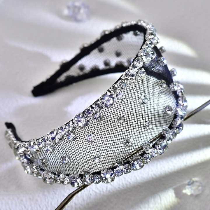 Light Luxury Black Mesh Diamond Headband – Wide Crystal Rhinestone Hair Accessory for Women (White & Black) | India Dealz
