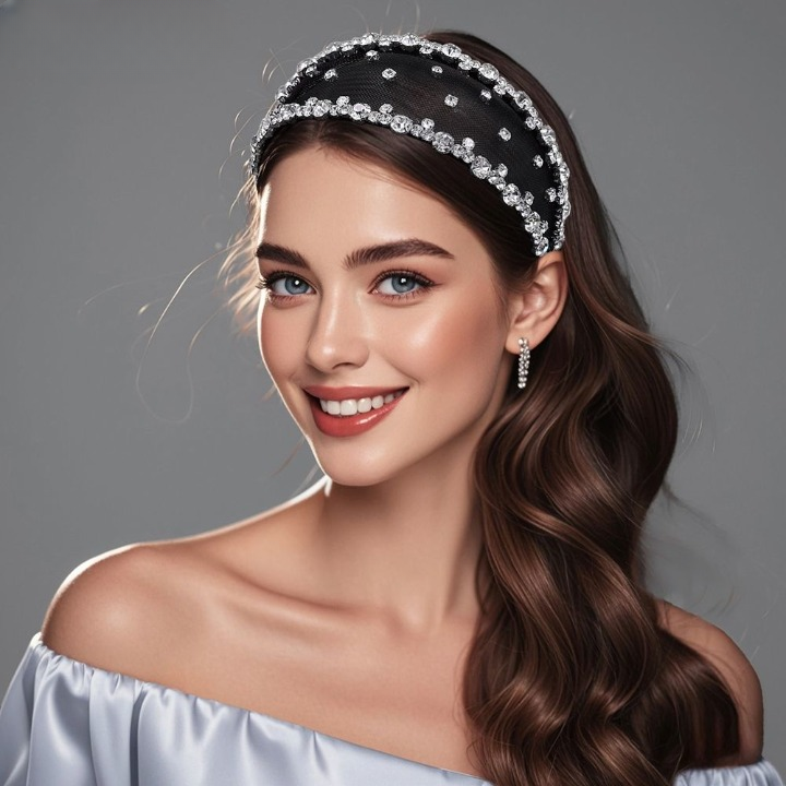 Light Luxury Black Mesh Diamond Headband – Wide Crystal Rhinestone Hair Accessory for Women (White & Black) | India Dealz