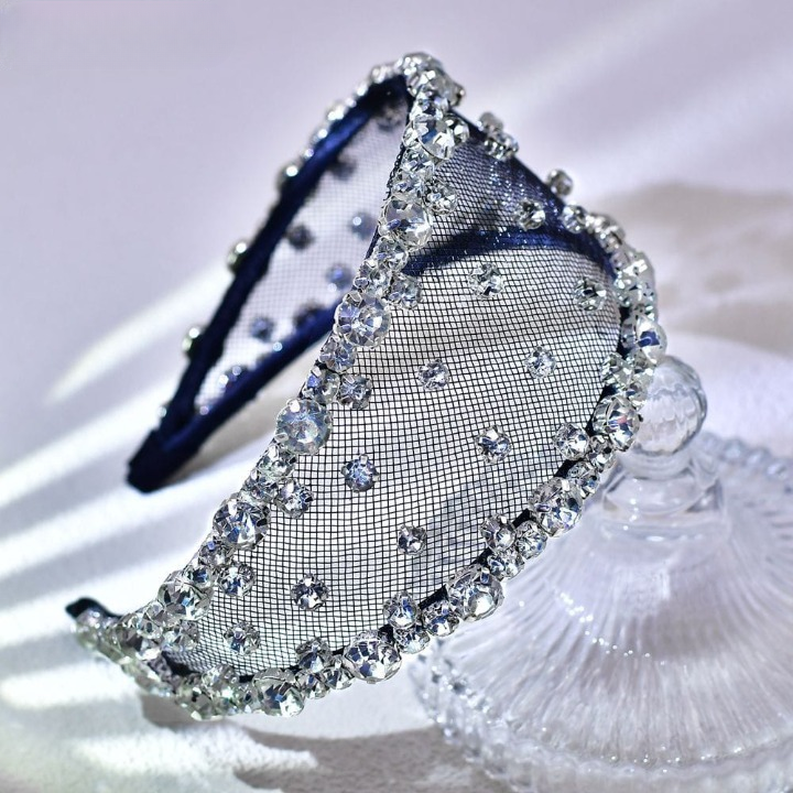 Light Luxury Black Mesh Diamond Headband – Wide Crystal Rhinestone Hair Accessory for Women (White & Black) | India Dealz