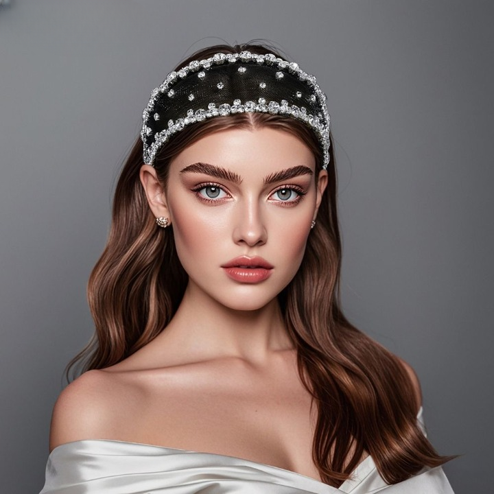 Light Luxury Black Mesh Diamond Headband – Wide Crystal Rhinestone Hair Accessory for Women (White & Black) | India Dealz