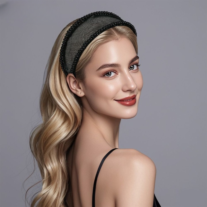 Light Luxury Black Mesh Diamond Headband – Wide Crystal Rhinestone Hair Accessory for Women (White & Black) | India Dealz