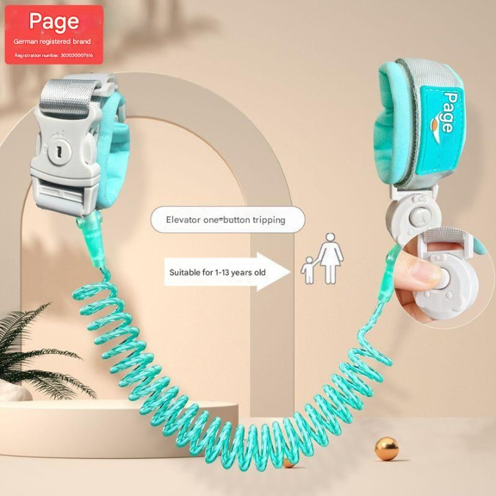 Teal children's safety leash with Page branding on a beige background