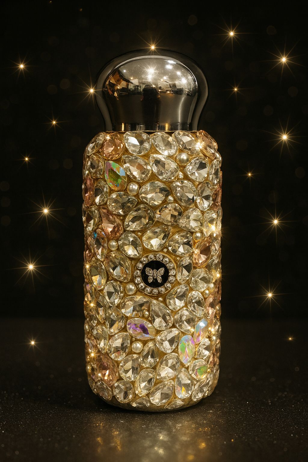 Rhinestone Stainless Steel Water Bottle – Crystal Bling Design with Butterfly Accent (Blue/Mustard)