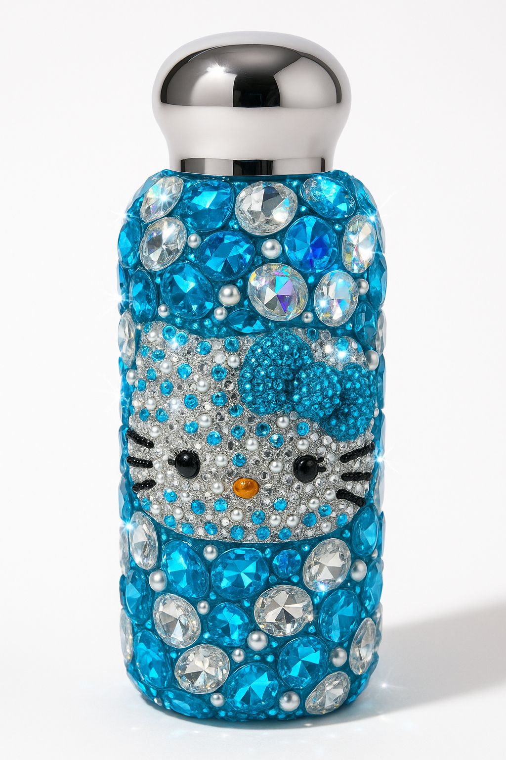 Decorative water bottle with a blue and silver cat design on a white background