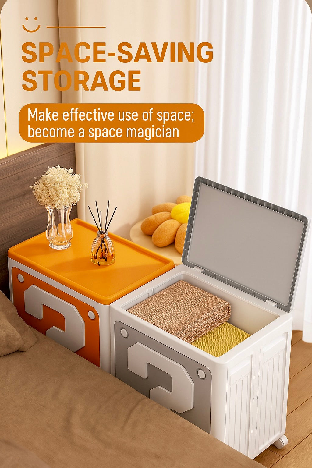 Space-saving storage bin with a lid, placed on an orange surface with decorative items, in a bedroom setting.