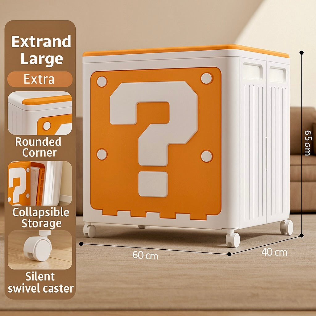 Collapsible storage cube with question mark design on a wooden floor, featuring extrand large, extra, rounded corner, collapsible storage, and silent swivel caster details.
