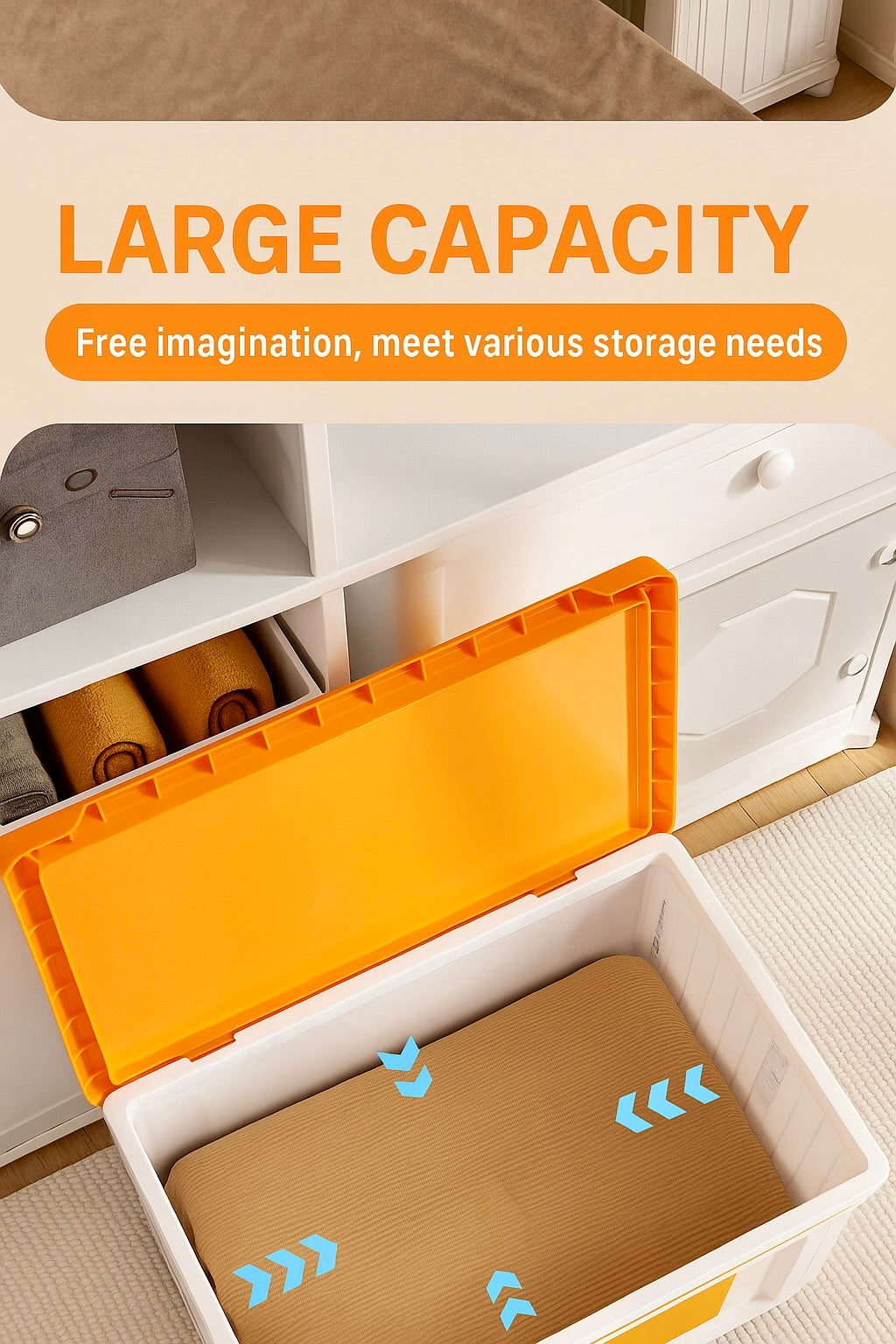 Storage box with orange lid and brown interior, labeled 'Large Capacity' on a white background.