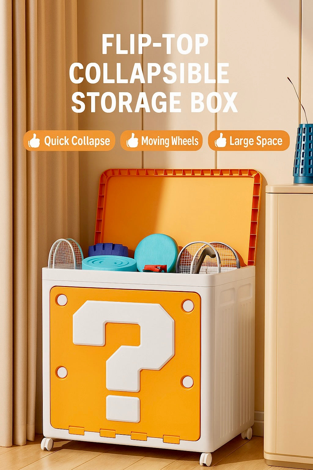 Flip-top collapsible storage box with wheels and a large question mark symbol on a beige background.