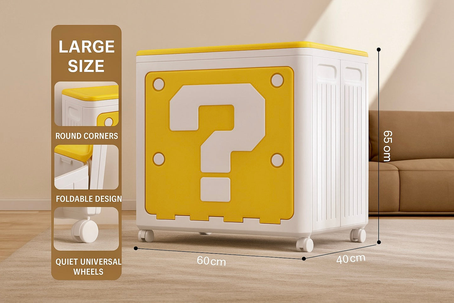 Yellow storage cube with question mark design, dimensions, and features on a neutral background