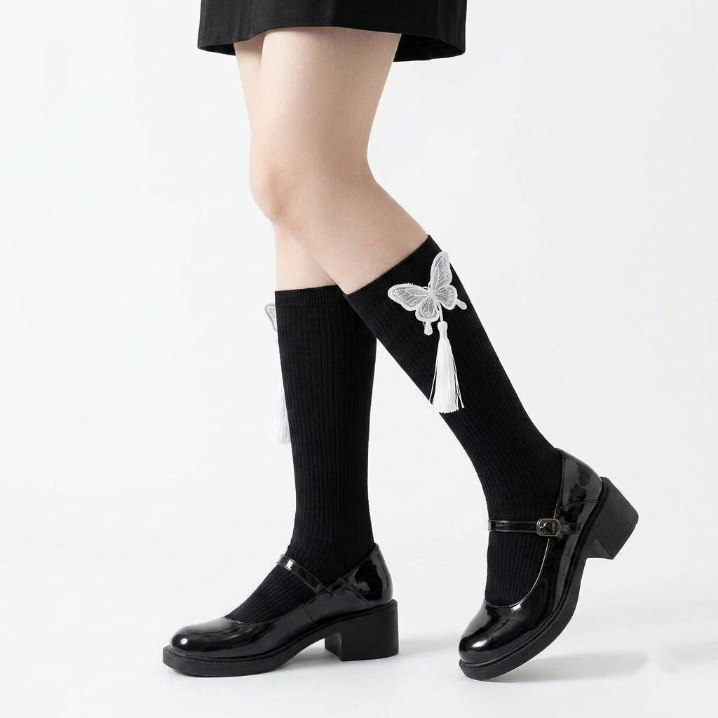 Fringed Embroidered Butterfly Calf Socks – Black & White | Stylish Tassel Design