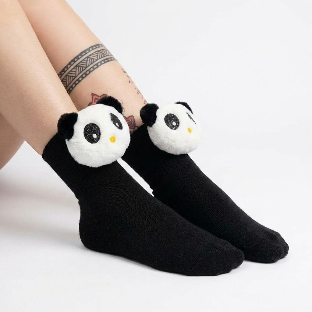 Cute 3D Panda Socks – White & Black Plush Cartoon Animal Socks for Women & Girls