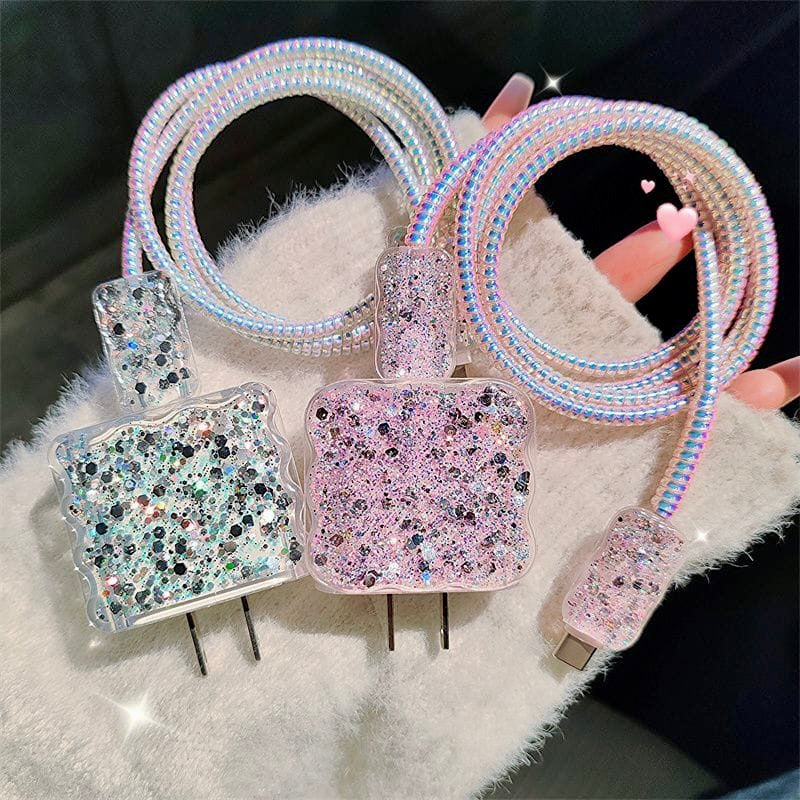 iPhone 20W Fast Charger Case with Sequins | Full Protection Cable & Adapter Cover