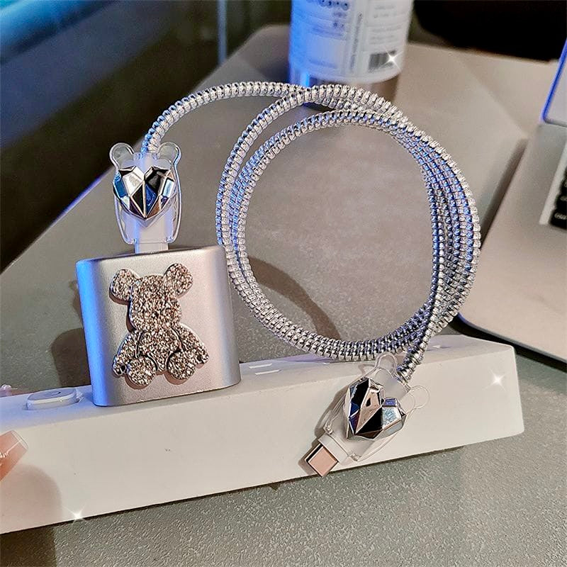 iPhone 20W Charger Case – Full Diamond Bear Design | Cable & Plug Protector with Wire Guard