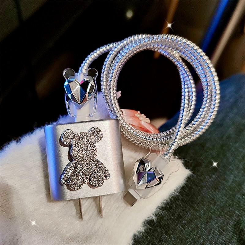 iPhone 20W Charger Case – Full Diamond Bear Design | Cable & Plug Protector with Wire Guard