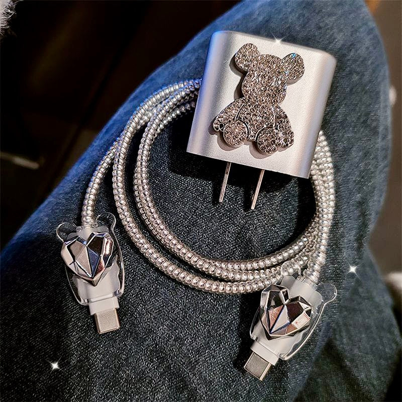 iPhone 20W Charger Case – Full Diamond Bear Design | Cable & Plug Protector with Wire Guard