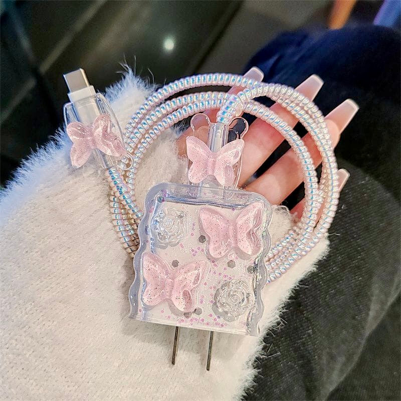 iPhone 20W Charger Case – Pink Butterfly Transparent Flower with Cable Protection | Cute 3D Decorative Fast Charger Cover