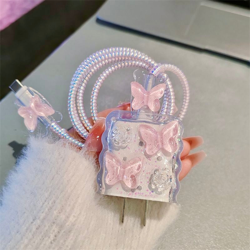 iPhone 20W Charger Case – Pink Butterfly Transparent Flower with Cable Protection | Cute 3D Decorative Fast Charger Cover