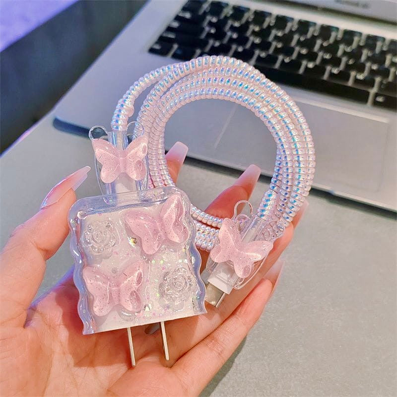iPhone 20W Charger Case – Pink Butterfly Transparent Flower with Cable Protection | Cute 3D Decorative Fast Charger Cover