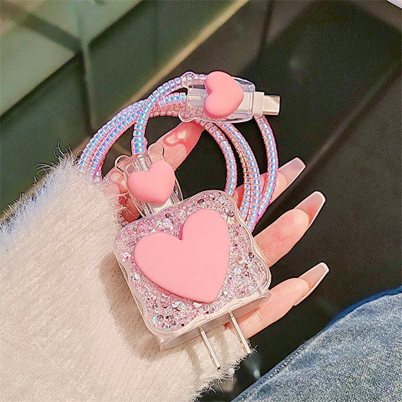 iPhone 20W Charger Case with Pink Heart Design – Cute Fast Charger Cover with Cable Protection