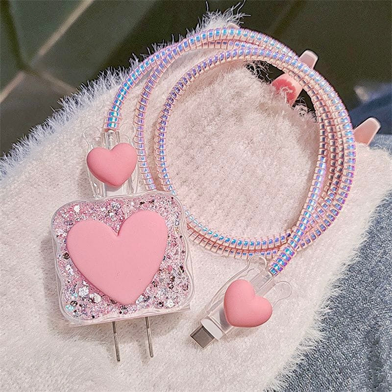 iPhone 20W Charger Case with Pink Heart Design – Cute Fast Charger Cover with Cable Protection