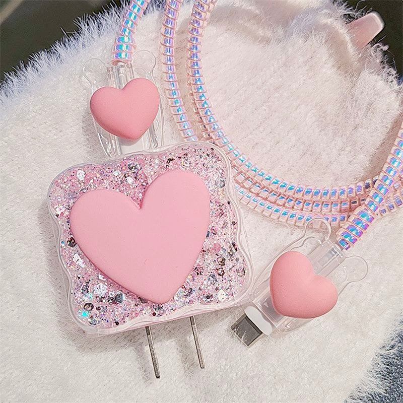 iPhone 20W Charger Case with Pink Heart Design – Cute Fast Charger Cover with Cable Protection