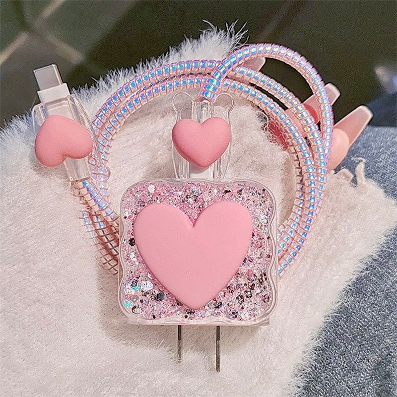 iPhone 20W Charger Case with Pink Heart Design – Cute Fast Charger Cover with Cable Protection