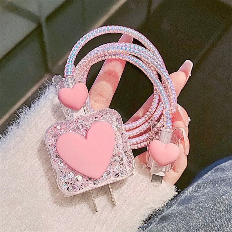 iPhone 20W Charger Case with Pink Heart Design – Cute Fast Charger Cover with Cable Protection
