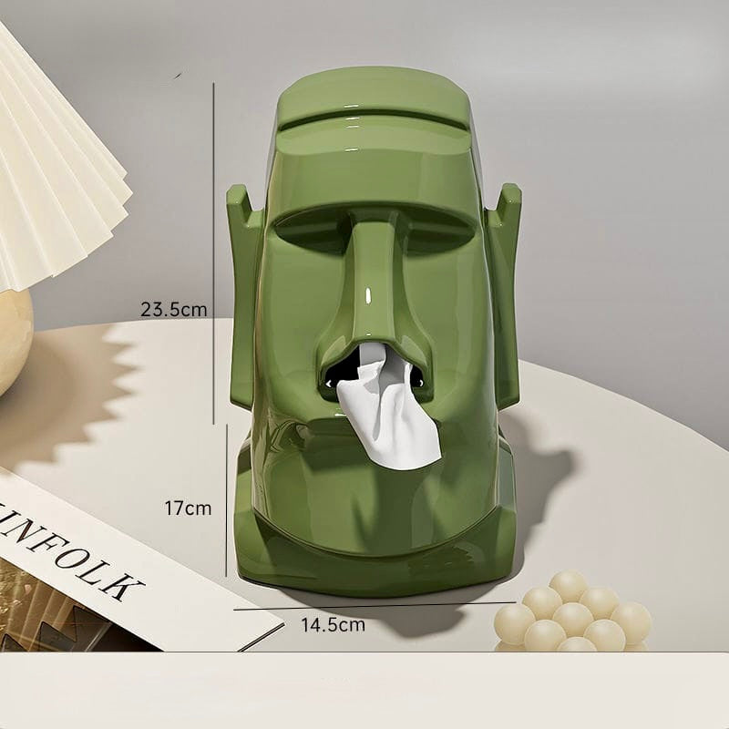 Green Moai-style tissue holder with dimensions on a neutral background
